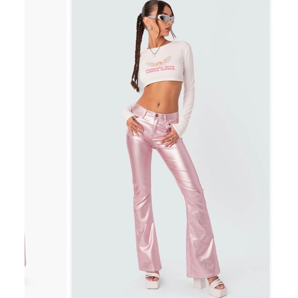 Edikted Pink Metallic Flare Pants Womens S Faux Leather Y2K Festival Disco